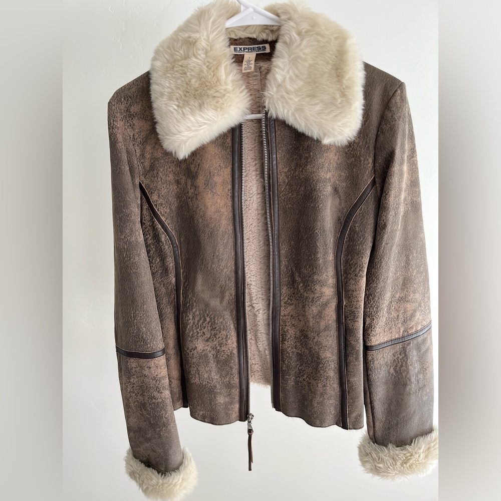 Brown leather fur coat
